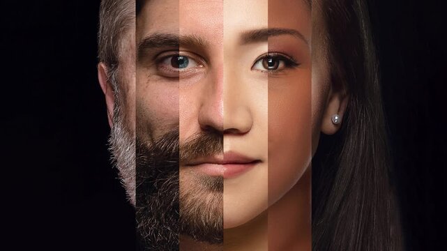 Ad template. Male and female portraits blended into symmetrical vertical face montage collage. Concept of gender balance, identity exploration, diversity marketing visual, inclusive brand storytelling