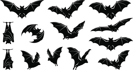 Obraz premium Set of spooky black bat silhouettes with wing details, flying and hanging upside down, isolated on white background for halloween design