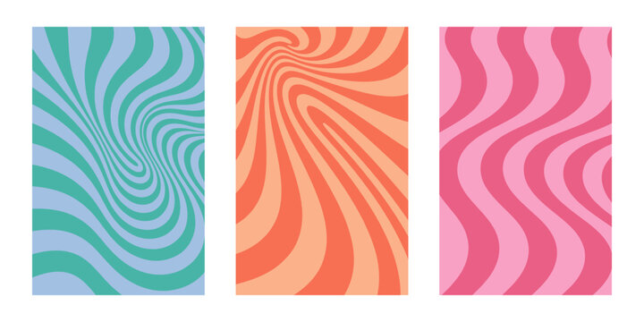 Bold psychedelic swirl background set with vibrant color combination and dynamic spiral composition. Trendy flat vector design for poster, social media and branding.