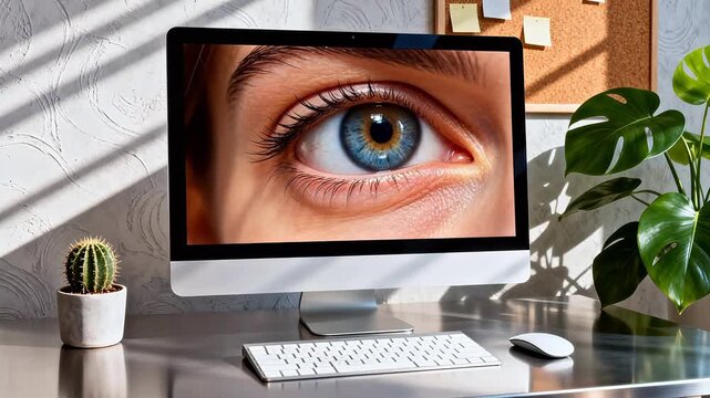 Computer screen displaying closeup of human eye