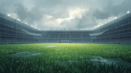 Empty stadium field under a gloomy, rainy sky with lights on