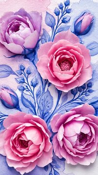 Beautiful watercolor painting of pink roses and blue leaves on a white