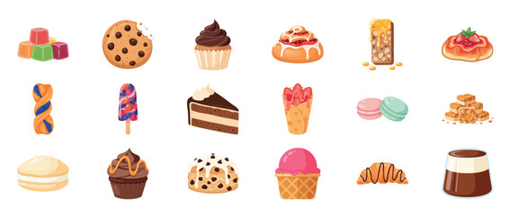 Assorted sweet treats: cookies, pastries, ice cream, and candy collection
