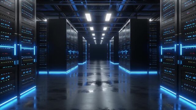 4K video of a futuristic server room with neon lights