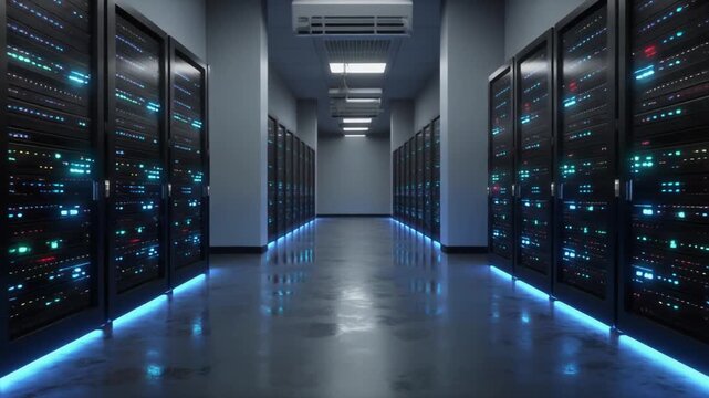 4K video of a futuristic server room with rows of data storage units
