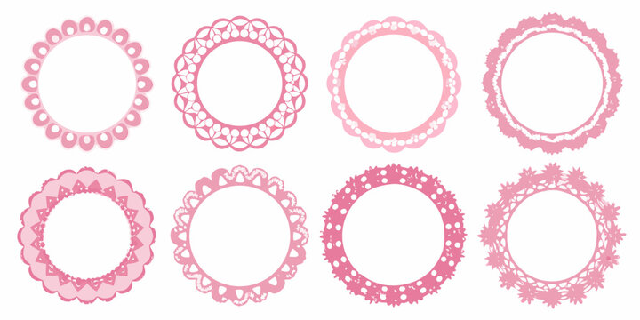 Eight pink doily frames arranged in a grid pattern on a white background