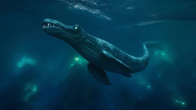 4K video of a large aquatic dinosaur swimming underwater