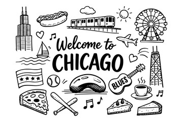Chicago travel doodle set. Hand drawn USA city landmarks and food sketch illustration.