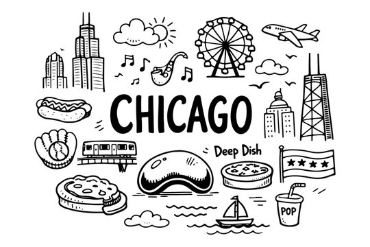 Chicago travel doodle set. Hand drawn USA city landmarks and food sketch illustration.