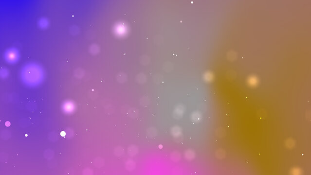 Vibrant particles dancing across a colorful gradient background with bokeh lights and abstract shapes from a close-up viewpoint