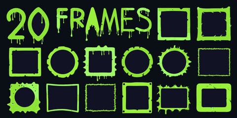 Fototapeta premium A collection of twenty green dripping frame shapes on a black background