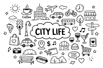 Obraz premium City life doodle set. Hand drawn urban lifestyle and transport sketch illustration.