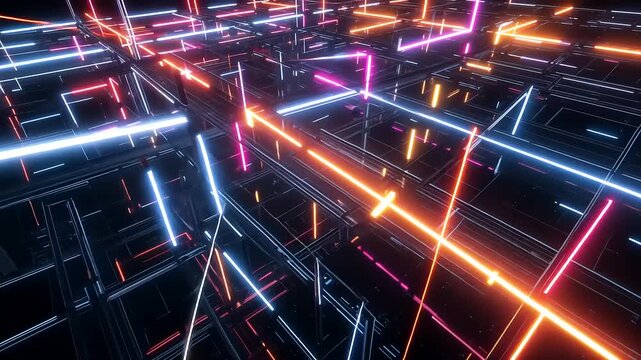 Futuristic neon grid structure with glowing lines intersecting in a digital landscape