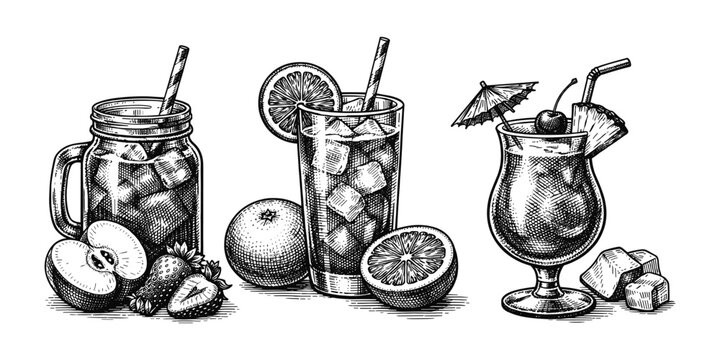 Summer drinks engraving. Hand drawn vintage cocktails and juice sketch illustration.