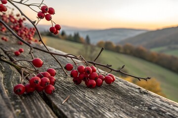 Bright vibrant clusters of ripe red hawthorn berries rest upon weathered gray wooden surface overlooking rolling hills at sunset in the autumn landscape