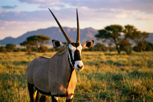 &Oacute;rix de &Aacute;frica Oriental (Oryx beisa) en la sabana africana durante el amanecer.