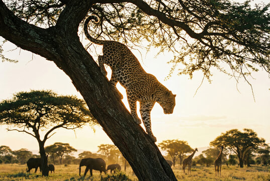 Leopardo africano (Panthera pardus pardus) descendiendo de un &aacute;rbol con elefantes y jirafas de fondo al atardecer.