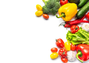 Fresh organic vegetables on white background with copy space