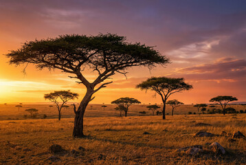 Fototapeta premium Silhouette of an acacia tree in the vast African savanna at a vibrant sunset.