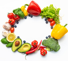 Fresh vegetables and fruits creating healthy food frame