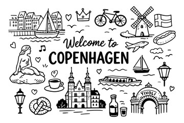 Obraz premium Copenhagen travel doodle set. Hand drawn Denmark landmarks and culture sketch illustration.