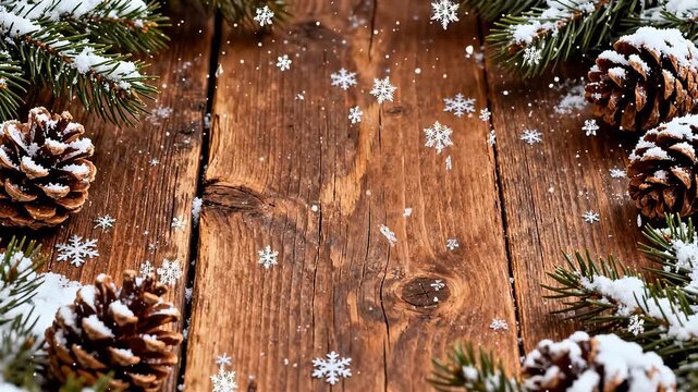Snowy pine cones and branches on wood