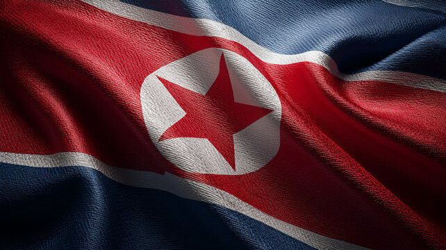 北朝鮮国旗の波打つ布地質感クローズアップ表現