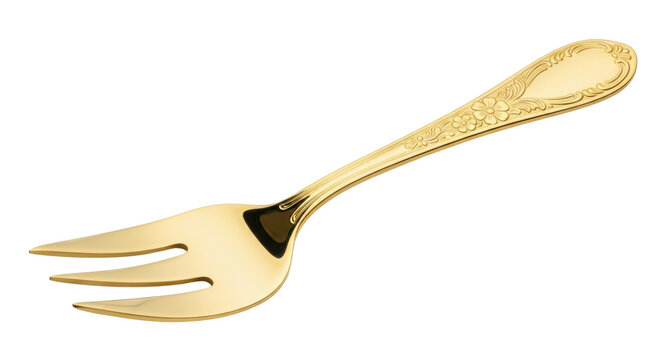 Golden dessert fork isolated PNG on transparent background, elegant tableware for special occasions and fine dining