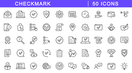 Checkmark icon set. Approval icons in line style. Editable web icons for agreement, vote, confirmation, choise, validation, completed tasks and verified status. Vector illustration.