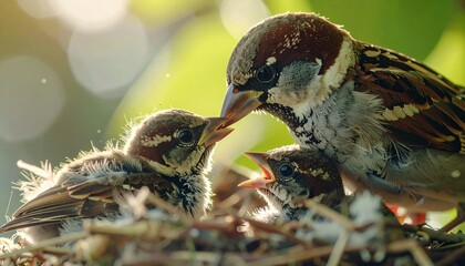 Induk burung memberi makan anak-anak burung di sarang.