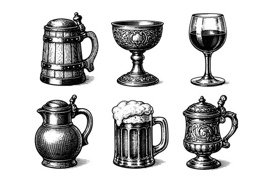 Vintage drinking vessels engraving. Hand drawn medieval goblet, beer mug and whiskey decanter sketch illustration.