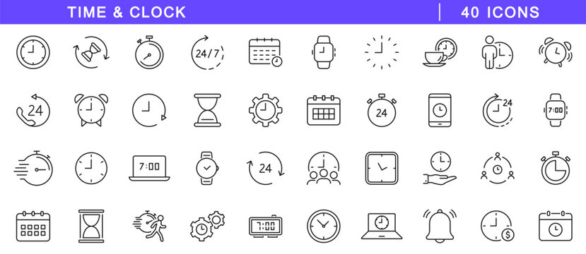 Time icons set. Time and clock icons in line style. Editable web icons timer, watch, speed, calendar, alarm clock, date and time management. Vector illustration.