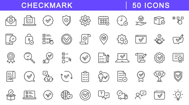 Checkmark icon set. Approval icons in line style. Editable web icons for agreement, vote, confirmation, choise, validation, completed tasks and verified status. Vector illustration.