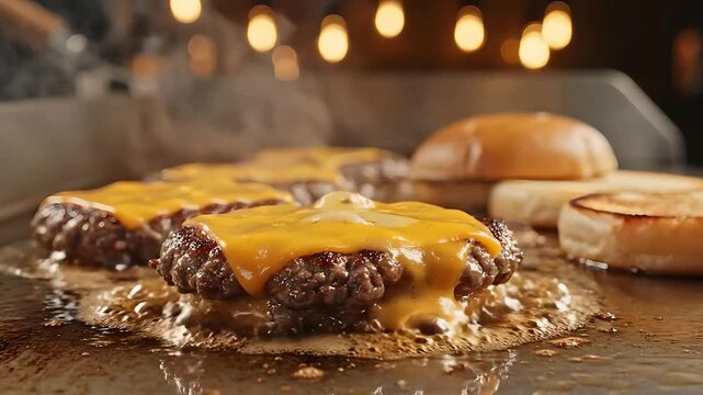 Sizzling Smash Burger Beef Patties with Melted Cheese on a Hot Commercial Griddle