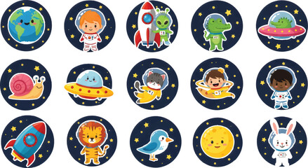 Cute cartoon illustrations of various elements and characters related to space exploration and outer space adventures