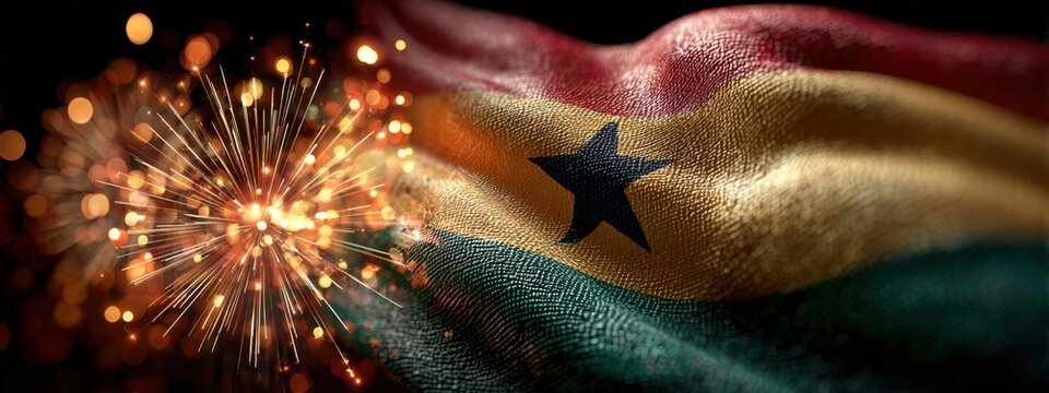 Ghana flag waving with fireworks in the background during a celebration at night in Accra