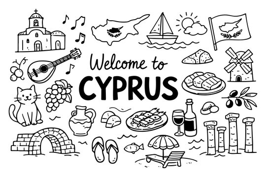 Cyprus travel doodle set, hand drawn island symbols and Mediterranean landmarks in line art style