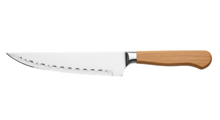 Fototapeta premium Bread knife with serrated blade and wooden handle isolated PNG, kitchen utensil for slicing bread on transparent background