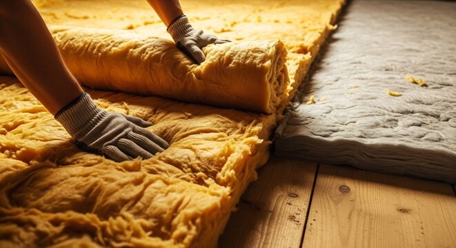 Worker installing yellow insulation in wooden floor
