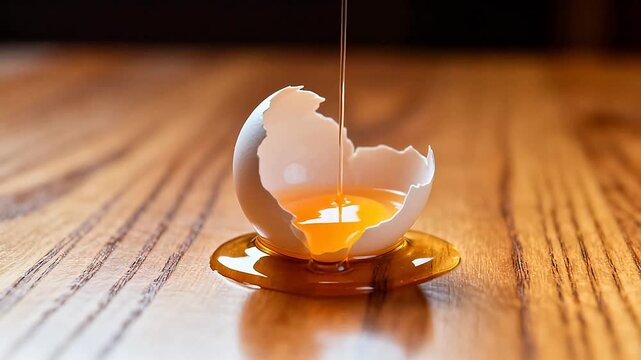 Broken egg with yolk on wooden surface