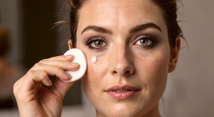 Woman gently removing makeup with a cotton pad.