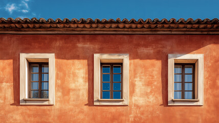 Obraz premium テラコッタ壁と瓦屋根が映える温かな住宅外観