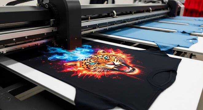 Modern digital printer producing vibrant t-shirt with colorful leopard design