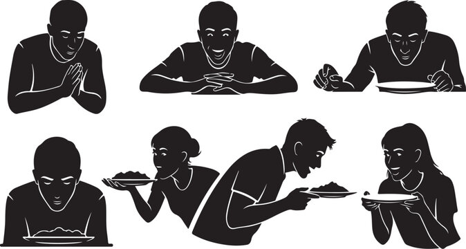 Black and white silhouettes of people eating and reacting
