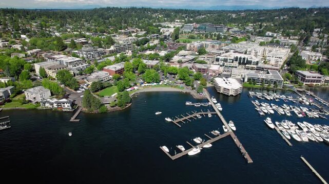Small Town Waterfront Marina in Kirkland, Washington Drone View