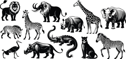 African safari animal silhouette collection illustration isolated on white background, lion elephant giraffe zebra rhinoceros wildlife design set elements vector © MdShafe