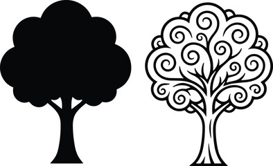 Decorative, tree, silhouette, and, ornate, swirl, outline, illustration, pair, isolated, on, white, background, botanical, vector, design, nature, icon, set