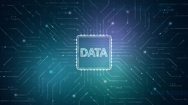 Motion graphic of data processor chip with DATA text and illuminated circuit connections, designed for big data analytics and digital transformation corporate background video.
