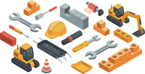 Isometric construction tools and machinery illustration set, excavator helmet bricks equipment collection, modern building vector engineering artwork design © MstRejowana