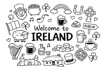 Ireland travel doodle set, hand drawn Dublin city symbols and Irish culture icons in line art style
